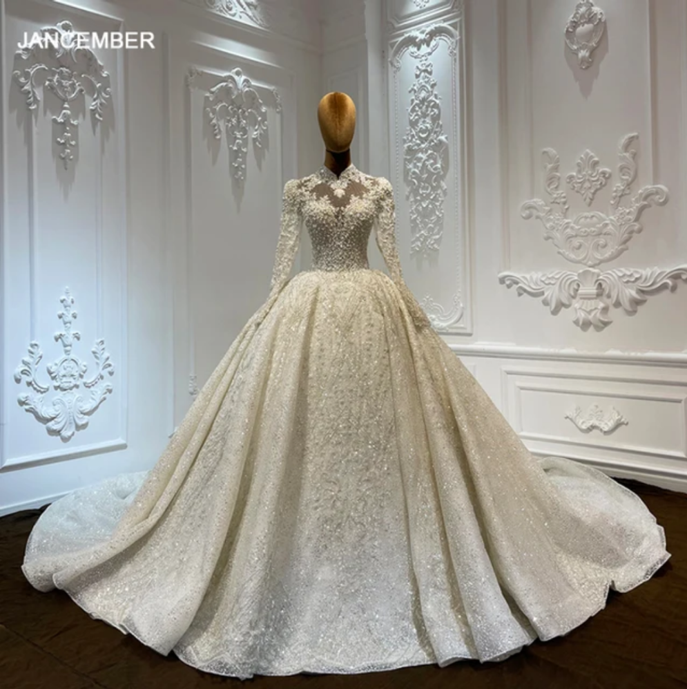 Jancember Opulence, Luxury beading 3D lace applique diamond floral long sleeve princess ball gown fairy wedding dress with cathedral train