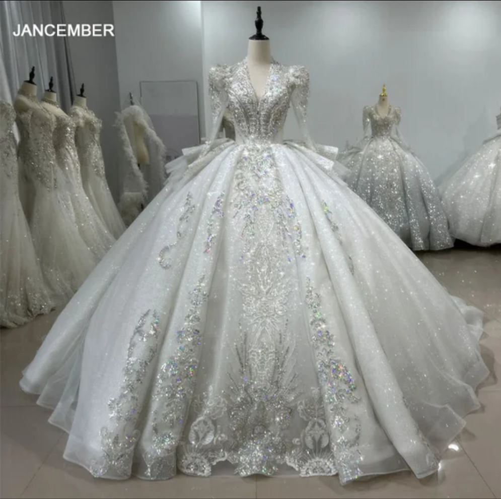 Jancember Love,  Princess Wedding Dresses V Neck Long Sleeves Vestido De Novia Lace Sequined Luxury Ball Gown