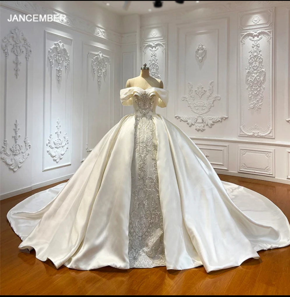 Jancember June Bride, Satin Off The Shoulders Wedding Gown Embroidery Beading Maxi Pearl Shining Wedding Dress