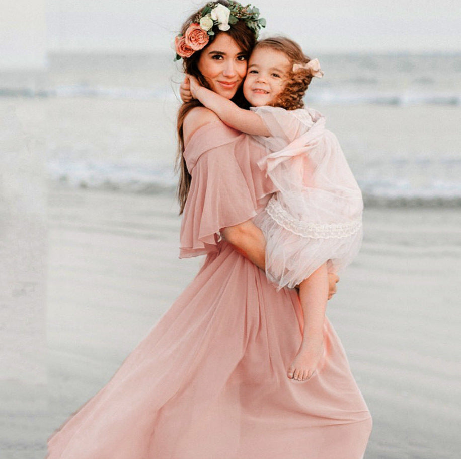 Beautiful Bae, Maternity Photo Gown, Loose Ruffle Top Off-Shoulder Dress for Women