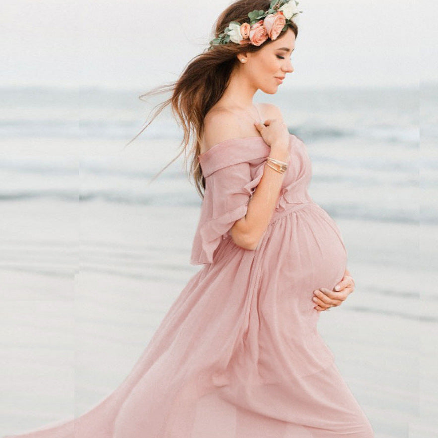 Beautiful Bae, Maternity Photo Gown, Loose Ruffle Top Off-Shoulder Dress for Women