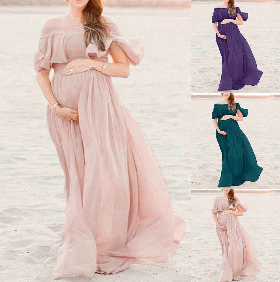 Beautiful Bae, Maternity Photo Gown, Loose Ruffle Top Off-Shoulder Dress for Women