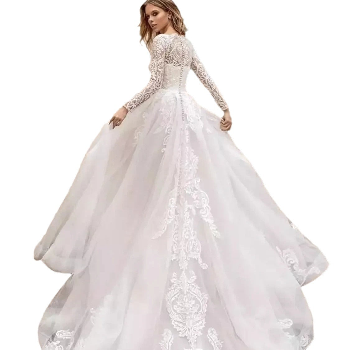 Traditional Bride, Beautiful Long Sleeve Classic Lace Bodice  Wedding Dress