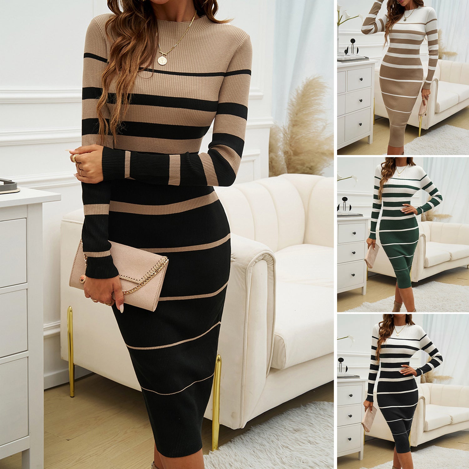 Caliber, European And American Slim-fit Long Sleeve Sweater Dress in Contrast Colors