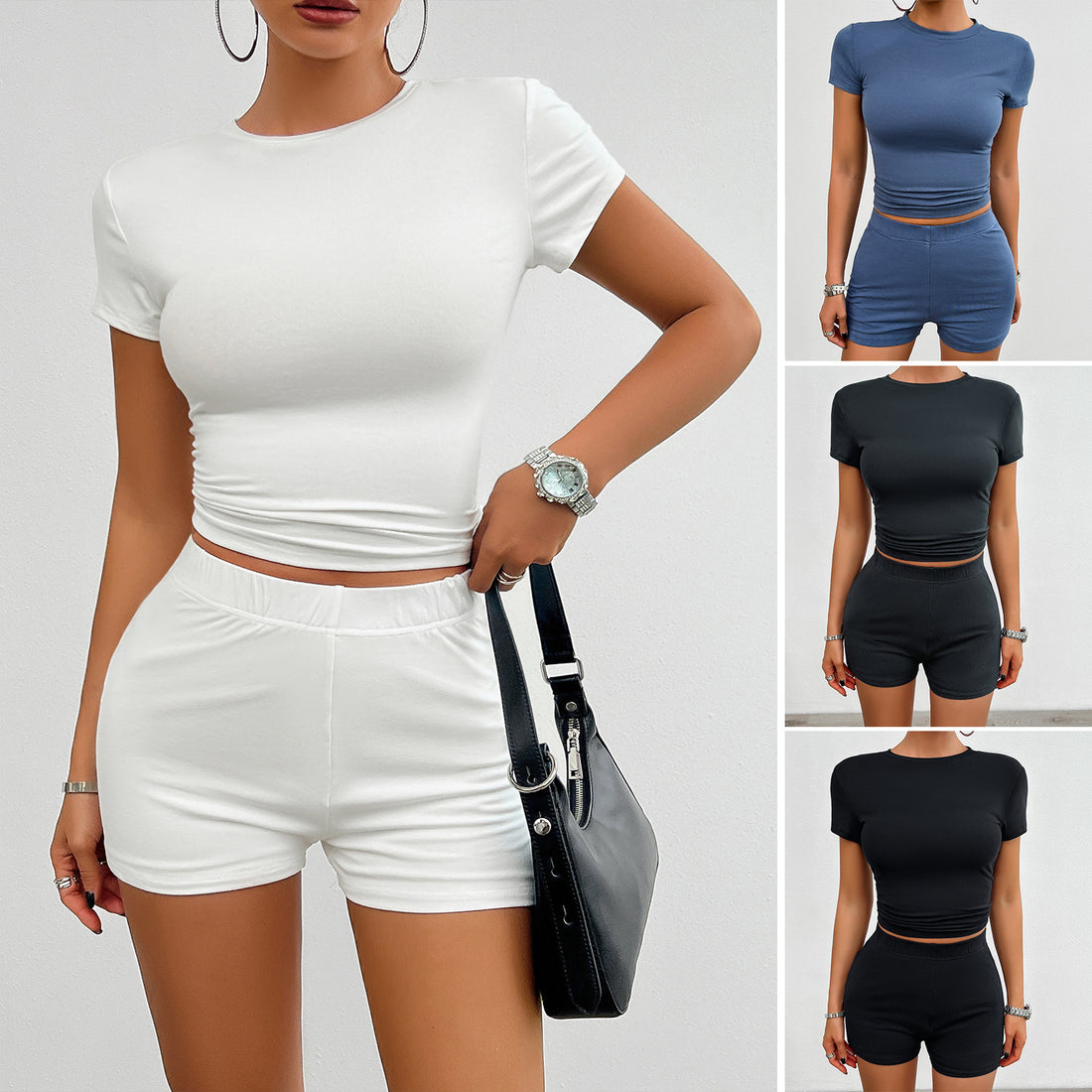 Basics, Solid Color Slim Sports Suit, Summer 2Pcs Short-sleeved Round Neck T-shirt And Spandex Shorts Fashion Womens Clothing