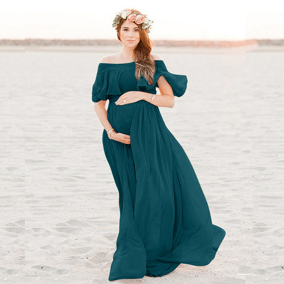 Beautiful Bae, Maternity Photo Gown, Loose Ruffle Top Off-Shoulder Dress for Women