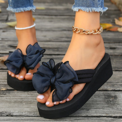 Summer Cuties, Thick Soled Bow embellished Herringbone Sandals For Women