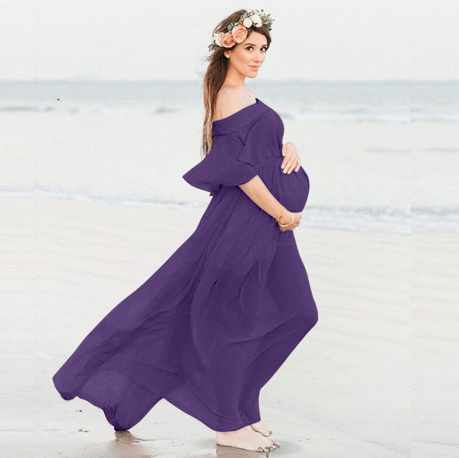 Beautiful Bae, Maternity Photo Gown, Loose Ruffle Top Off-Shoulder Dress for Women