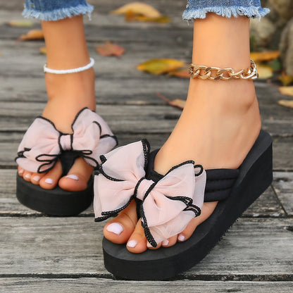 Summer Cuties, Thick Soled Bow embellished Herringbone Sandals For Women