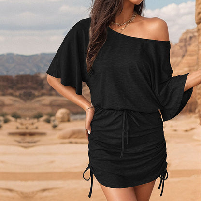 Desert Flower, Bloom in this Casual Wide Collar, Loose Top with Slimming Side Drawstring Ruching Dress for Women