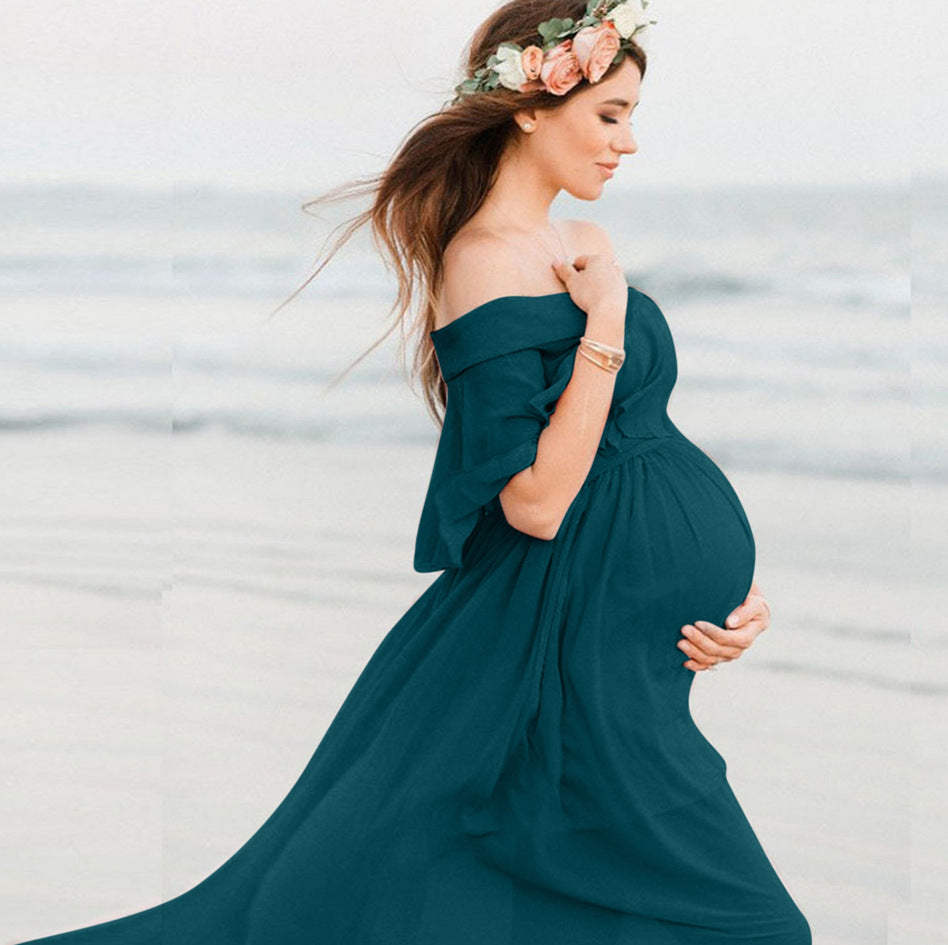 Beautiful Bae, Maternity Photo Gown, Loose Ruffle Top Off-Shoulder Dress for Women