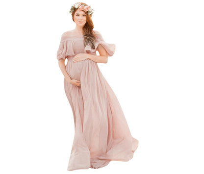 Beautiful Bae, Maternity Photo Gown, Loose Ruffle Top Off-Shoulder Dress for Women