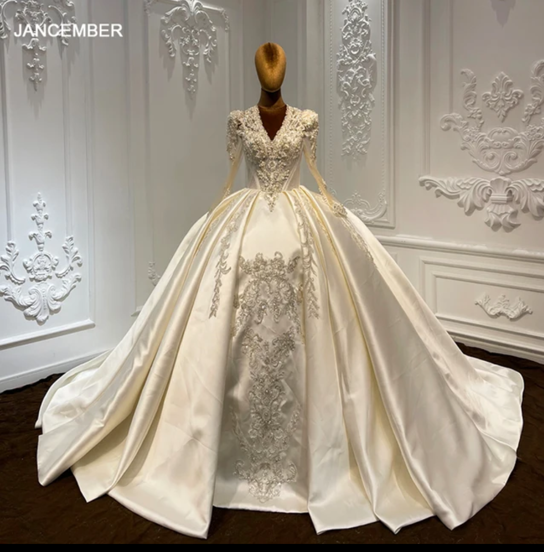 Jancember Victoria, Luxurious Long Sleeve V-Neck Sequin Lace Satin Ball Gown Folds Pearl Wedding Dress