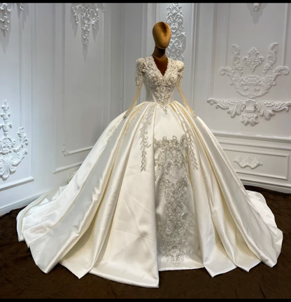 Jancember Victoria, Luxurious Long Sleeve V-Neck Sequin Lace Satin Ball Gown Folds Pearl Wedding Dress