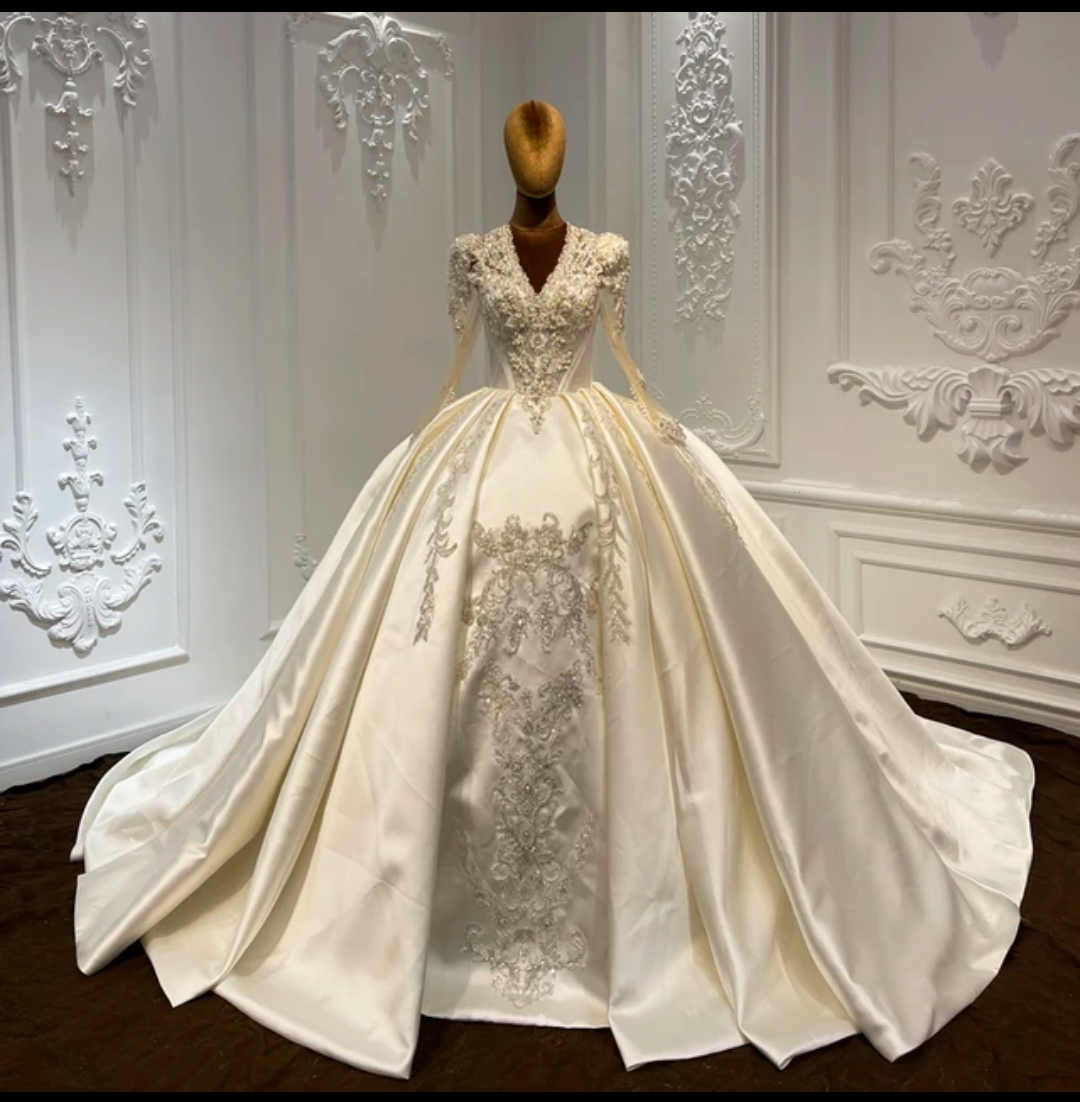 Jancember Victoria, Luxurious Long Sleeve V-Neck Sequin Lace Satin Ball Gown Folds Pearl Wedding Dress