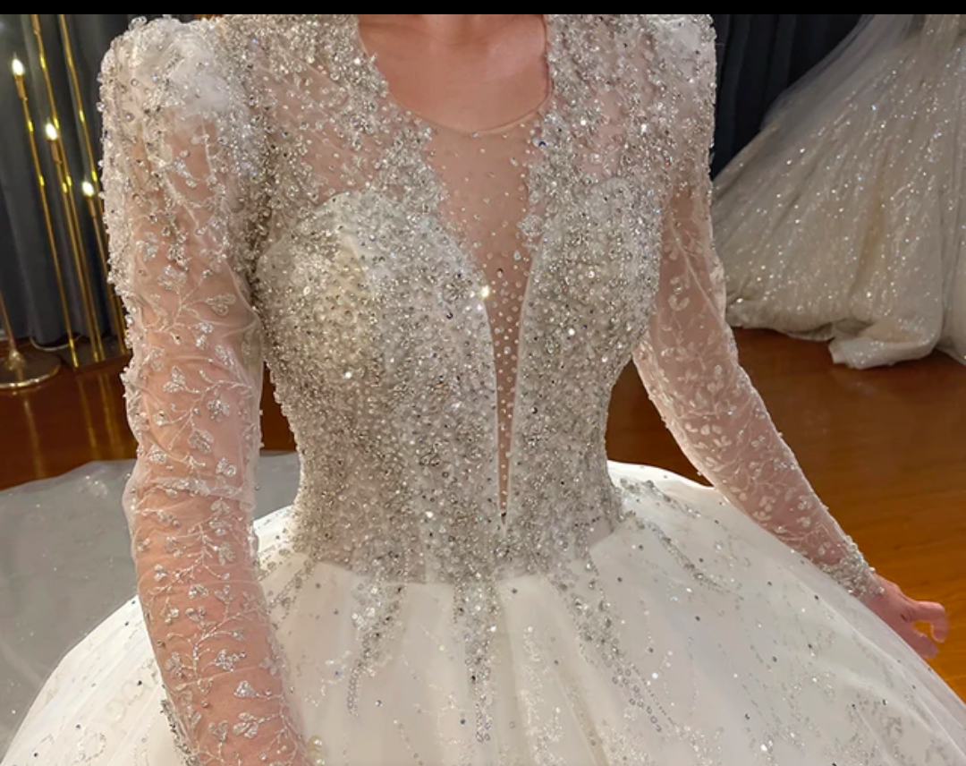 Jancember Eve, Custom Luxury White Wedding Dress Long Sleeve Lace Deep V Pearl Sequin Puffy Bridal Wedding Dress