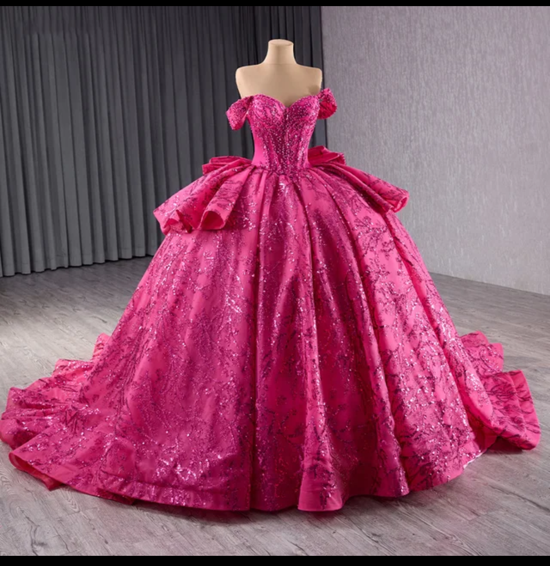 Jancember Corazon, Fuchsia Purple Sparkly Princess Quinceanera Dress Off Shoulder Glitter Crystal Sequins Prom Sweet 16