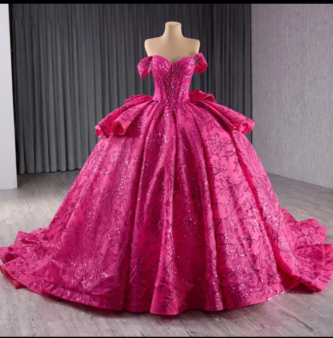 Jancember Corazon, Fuchsia Purple Sparkly Princess Quinceanera Dress Off Shoulder Glitter Crystal Sequins Prom Sweet 16