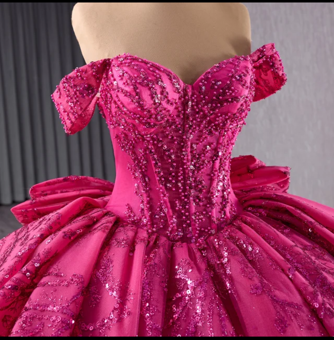 Jancember Corazon, Fuchsia Purple Sparkly Princess Quinceanera Dress Off Shoulder Glitter Crystal Sequins Prom Sweet 16