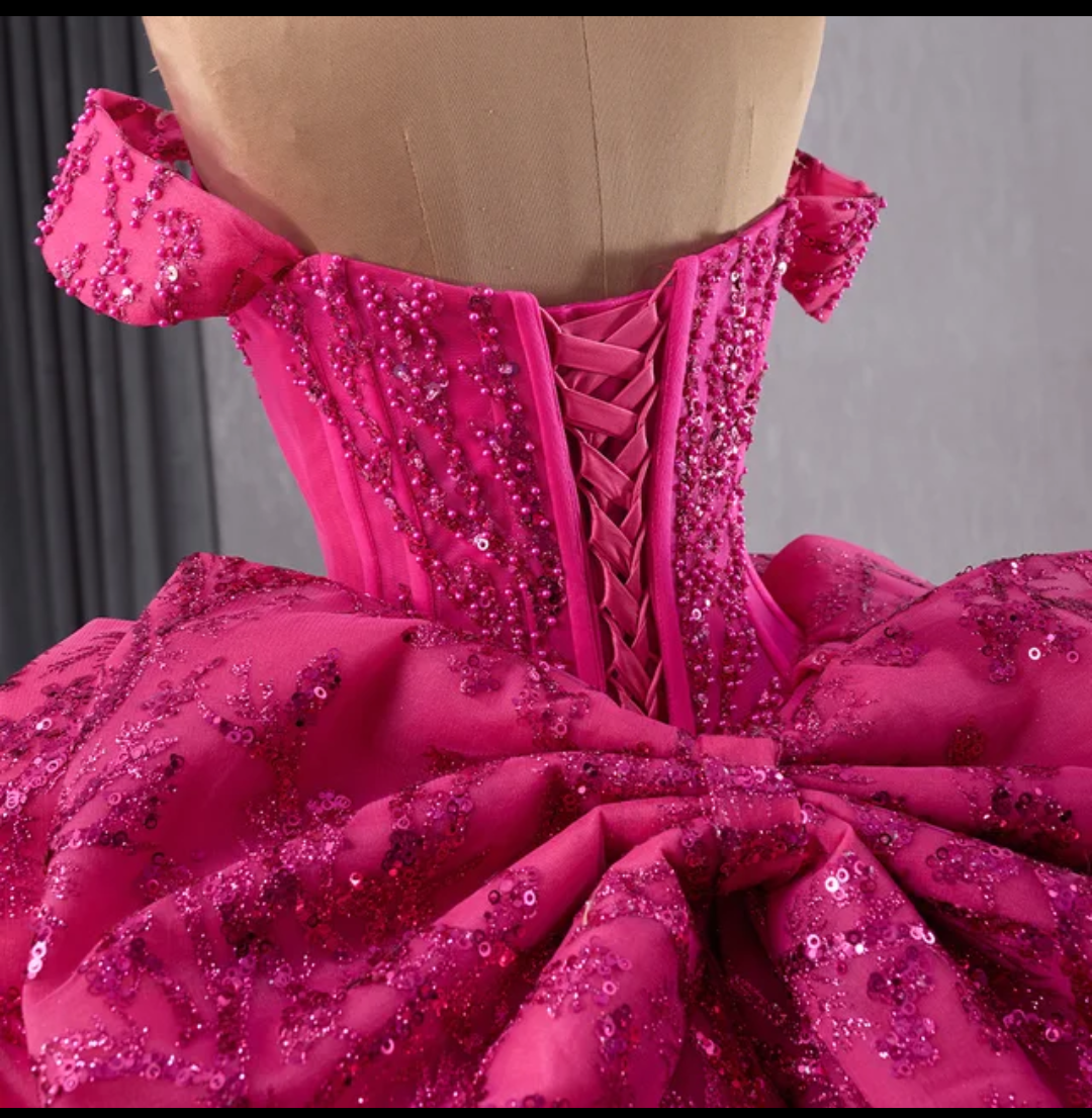 Jancember Corazon, Fuchsia Purple Sparkly Princess Quinceanera Dress Off Shoulder Glitter Crystal Sequins Prom Sweet 16