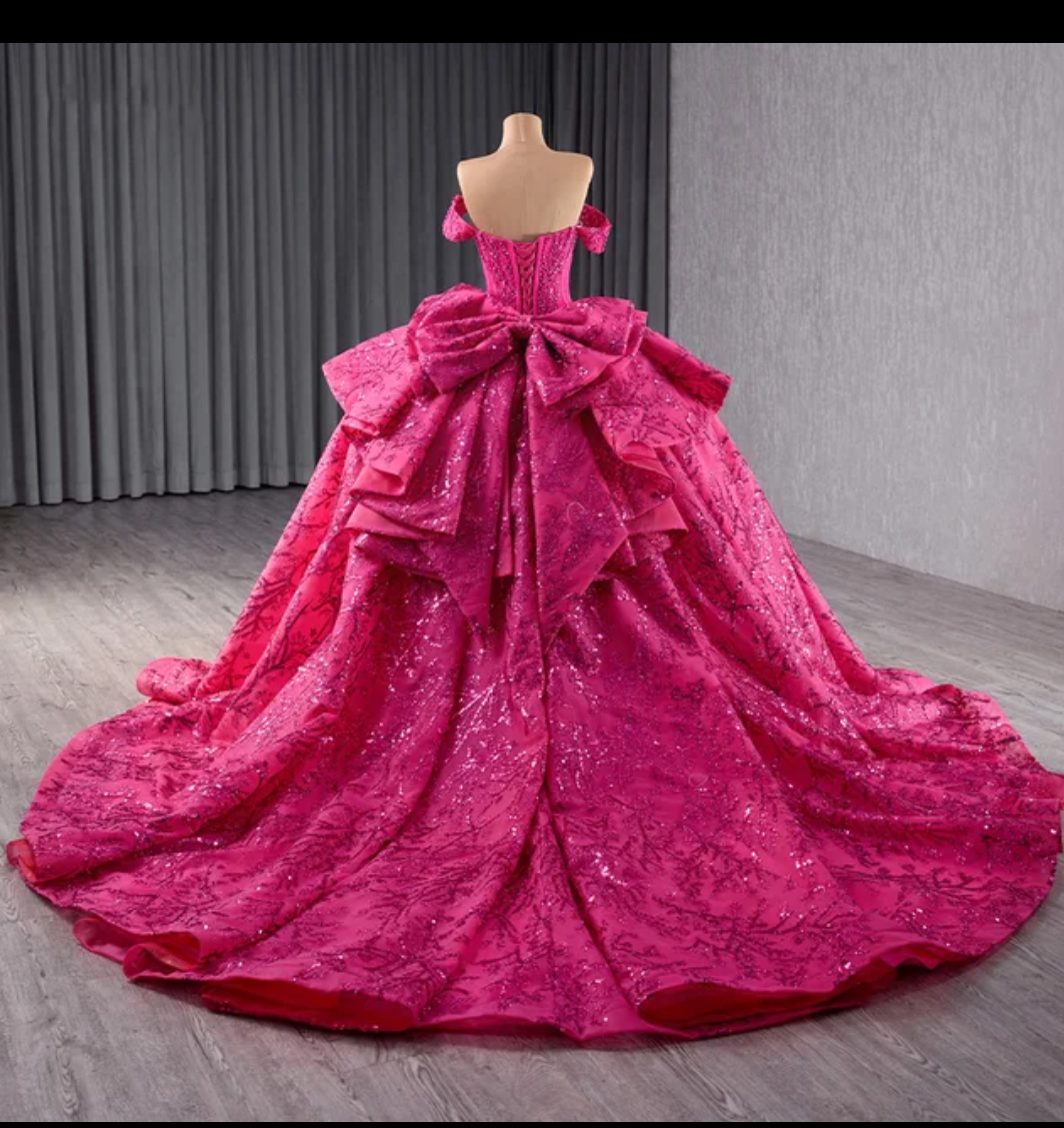 Jancember Corazon, Fuchsia Purple Sparkly Princess Quinceanera Dress Off Shoulder Glitter Crystal Sequins Prom Sweet 16