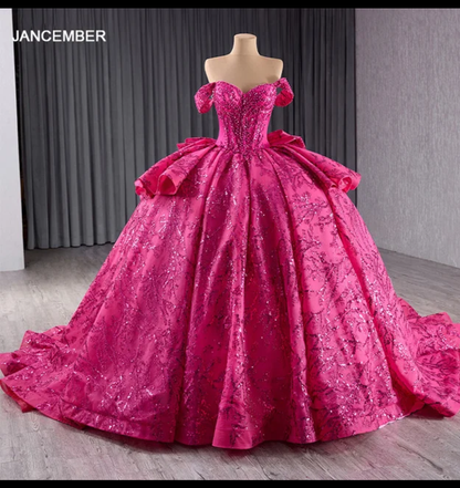 Jancember Corazon, Fuchsia Purple Sparkly Princess Quinceanera Dress Off Shoulder Glitter Crystal Sequins Prom Sweet 16