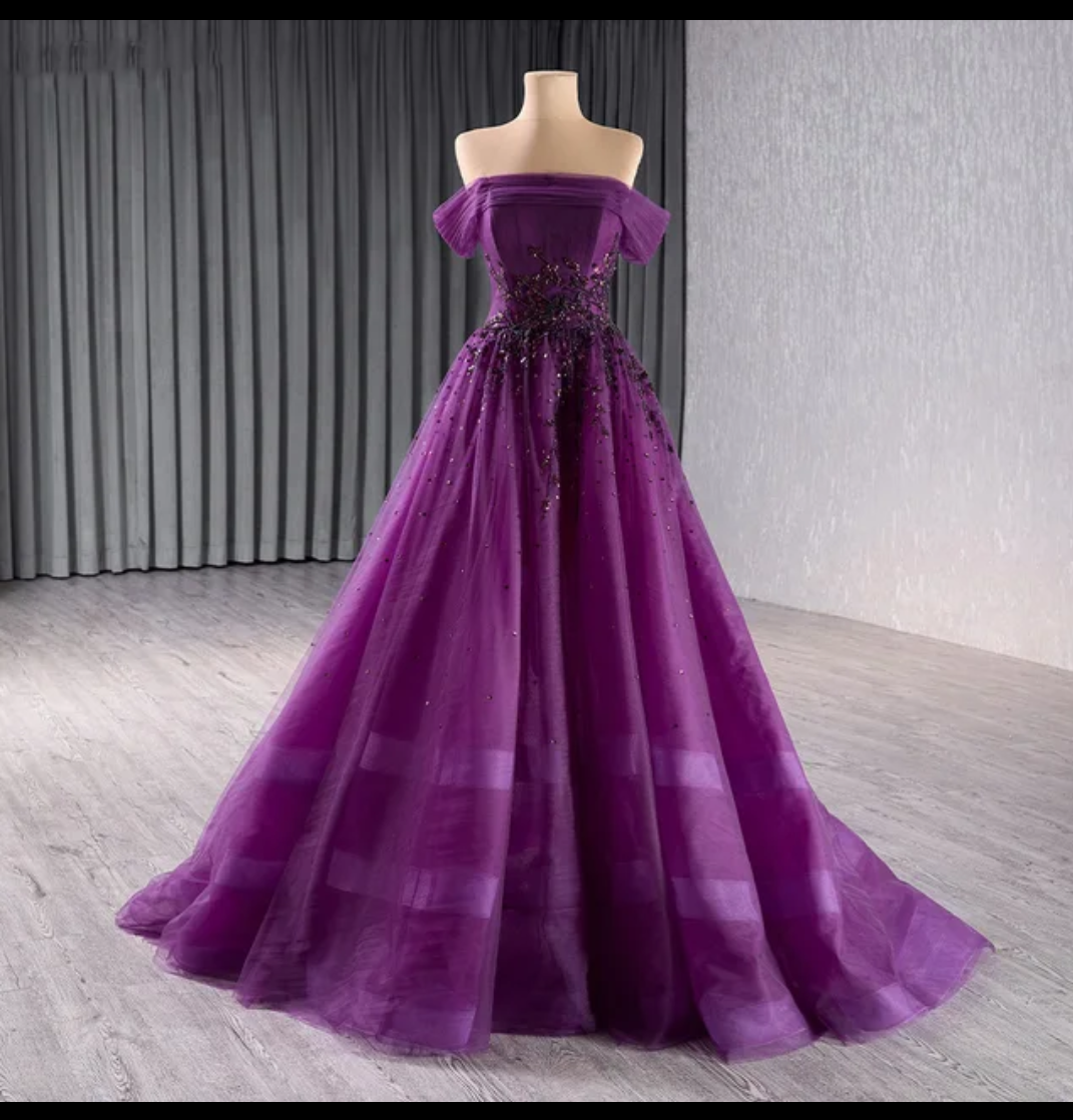 Jancember Majesty, Elegant Off Shoulder Tulle Prom Dress Lace Appliques Crystal Evening Dress Ball Gown Party Dress