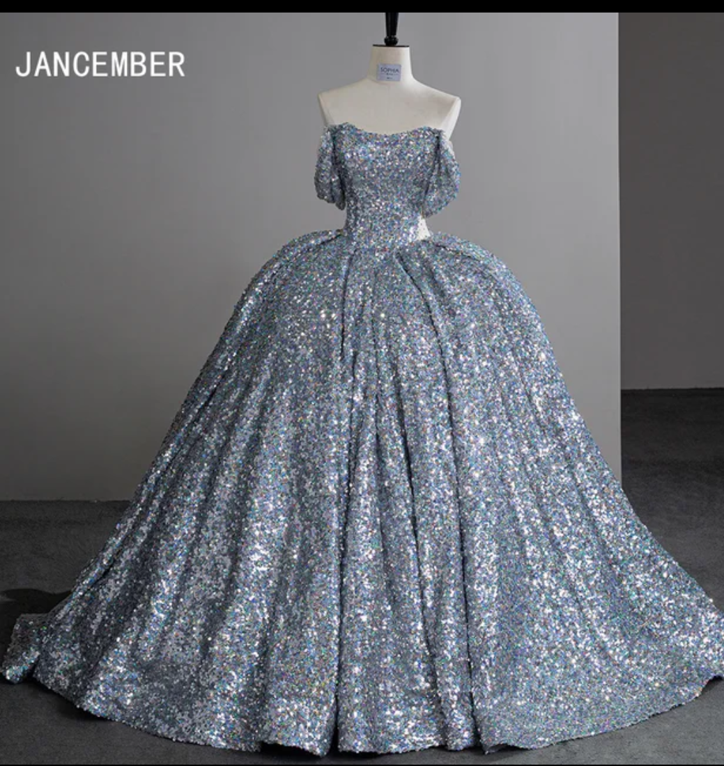 Jancember Cinderella, Silver Sequin Court Train Ball Gown Off The Shoulder Princess Evening Dress