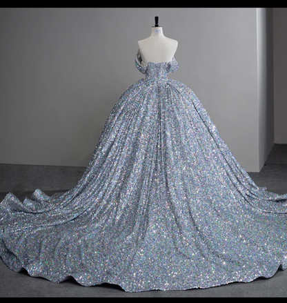 Jancember Cinderella, Silver Sequin Court Train Ball Gown Off The Shoulder Princess Evening Dress