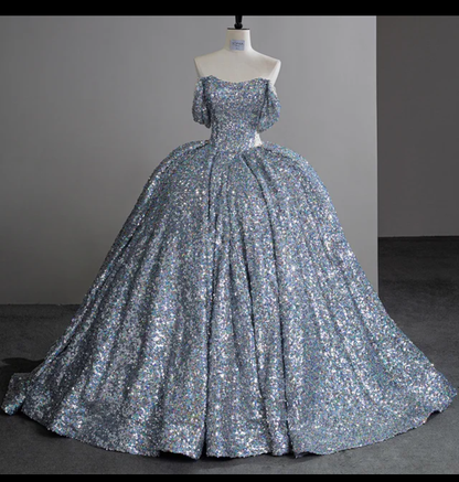 Jancember Cinderella, Silver Sequin Court Train Ball Gown Off The Shoulder Princess Evening Dress