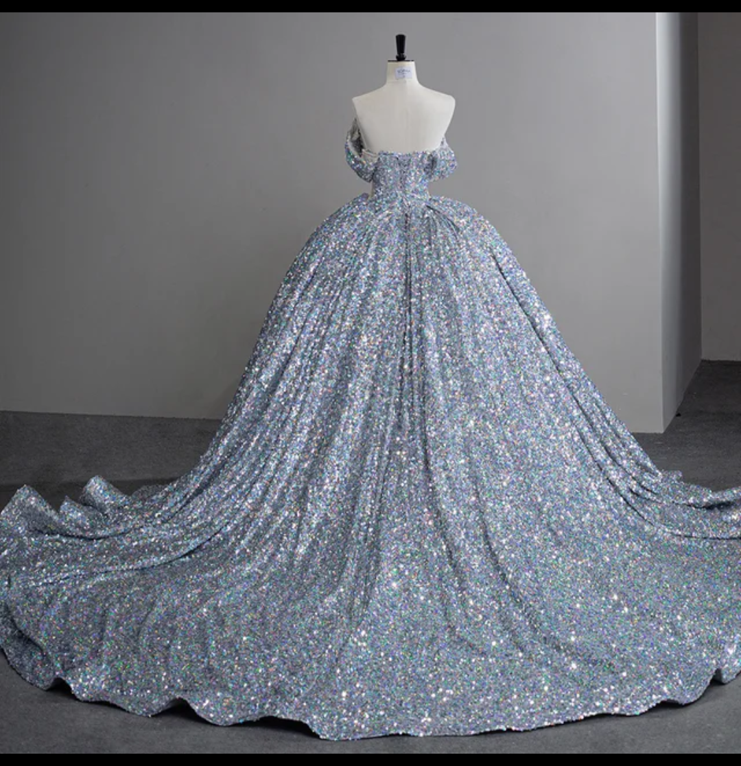 Jancember Cinderella, Silver Sequin Court Train Ball Gown Off The Shoulder Princess Evening Dress