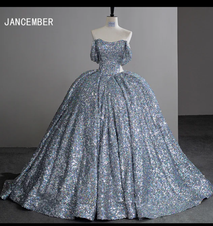 Jancember Cinderella, Silver Sequin Court Train Ball Gown Off The Shoulder Princess Evening Dress