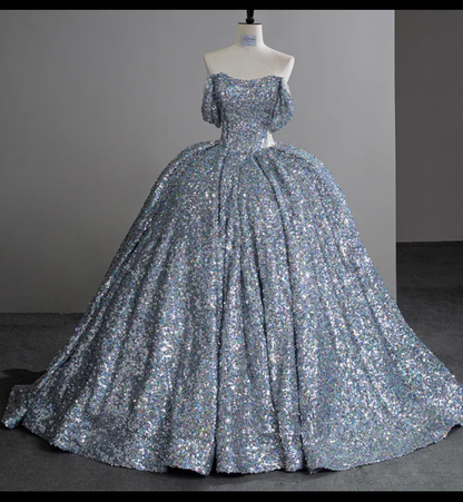 Jancember Cinderella, Silver Sequin Court Train Ball Gown Off The Shoulder Princess Evening Dress