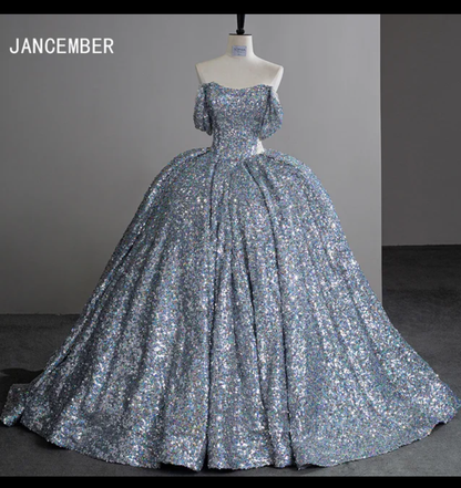 Jancember Cinderella, Silver Sequin Court Train Ball Gown Off The Shoulder Princess Evening Dress