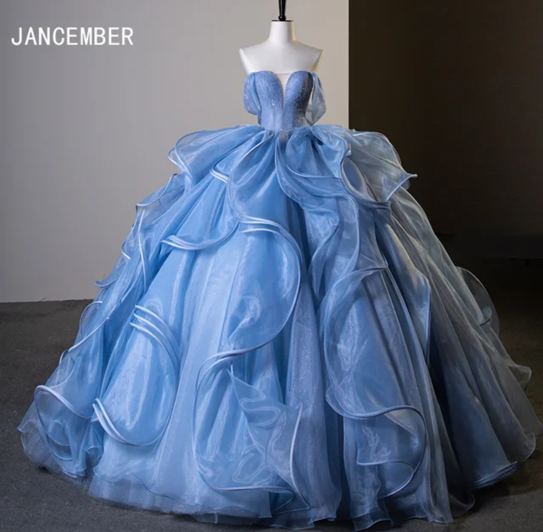 Jancember Luna, Romantic Off The Shoulder Ball Gown Organza Dress Ruffles Beading Quinceanera Dress Pleats