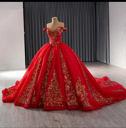 Jancember Rose, Princess Red Ball Gown Quinceanera Dresses Sequins Appliques Beads Sweet 16 Dress