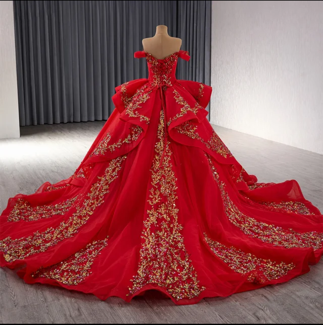 Jancember Rose, Princess Red Ball Gown Quinceanera Dresses Sequins Appliques Beads Sweet 16 Dress