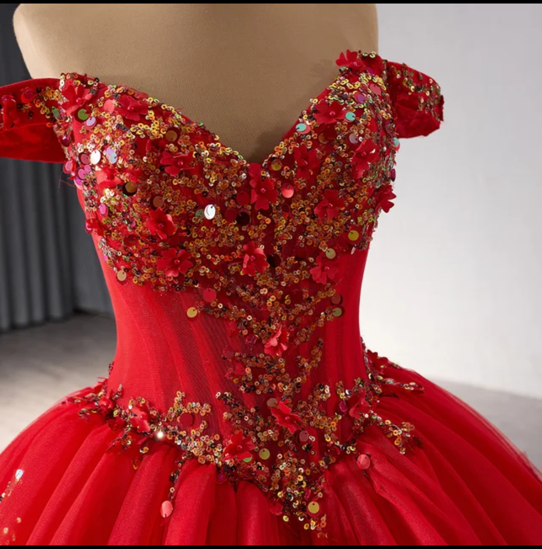 Jancember Rose, Princess Red Ball Gown Quinceanera Dresses Sequins Appliques Beads Sweet 16 Dress