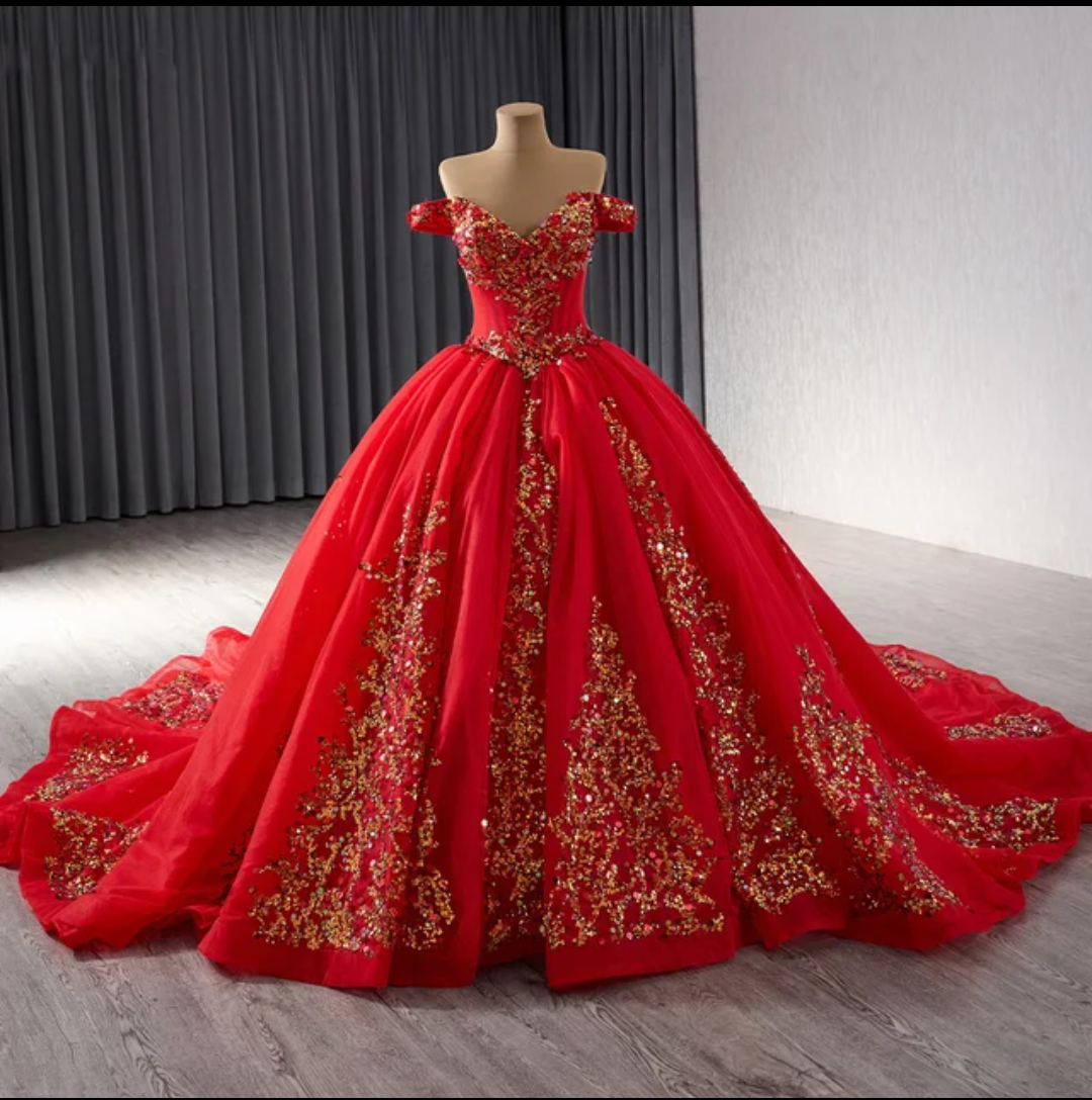 Jancember Rose, Princess Red Ball Gown Quinceanera Dresses Sequins Appliques Beads Sweet 16 Dress