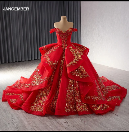 Jancember Rose, Princess Red Ball Gown Quinceanera Dresses Sequins Appliques Beads Sweet 16 Dress