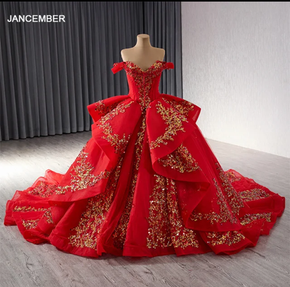 Jancember Rose, Princess Red Ball Gown Quinceanera Dresses Sequins Appliques Beads Sweet 16 Dress