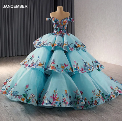 Jancember Enchanted, Delicate Blue Off-shoulder Sequin A-line Ball Gown Colorful Applique Beaded Tiered V-neck Evening Dress