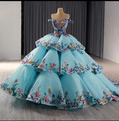 Jancember Enchanted, Delicate Blue Off-shoulder Sequin A-line Ball Gown Colorful Applique Beaded Tiered V-neck Evening Dress