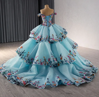 Jancember Enchanted, Delicate Blue Off-shoulder Sequin A-line Ball Gown Colorful Applique Beaded Tiered V-neck Evening Dress