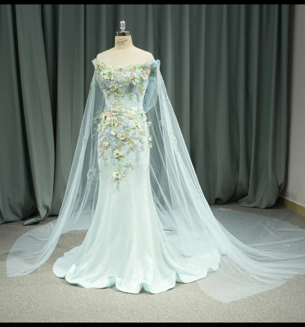 Jancember Melody, Mermaid Sweetheart Off-Shoulder Evening Party Gown With Appliques Tulle Shawl