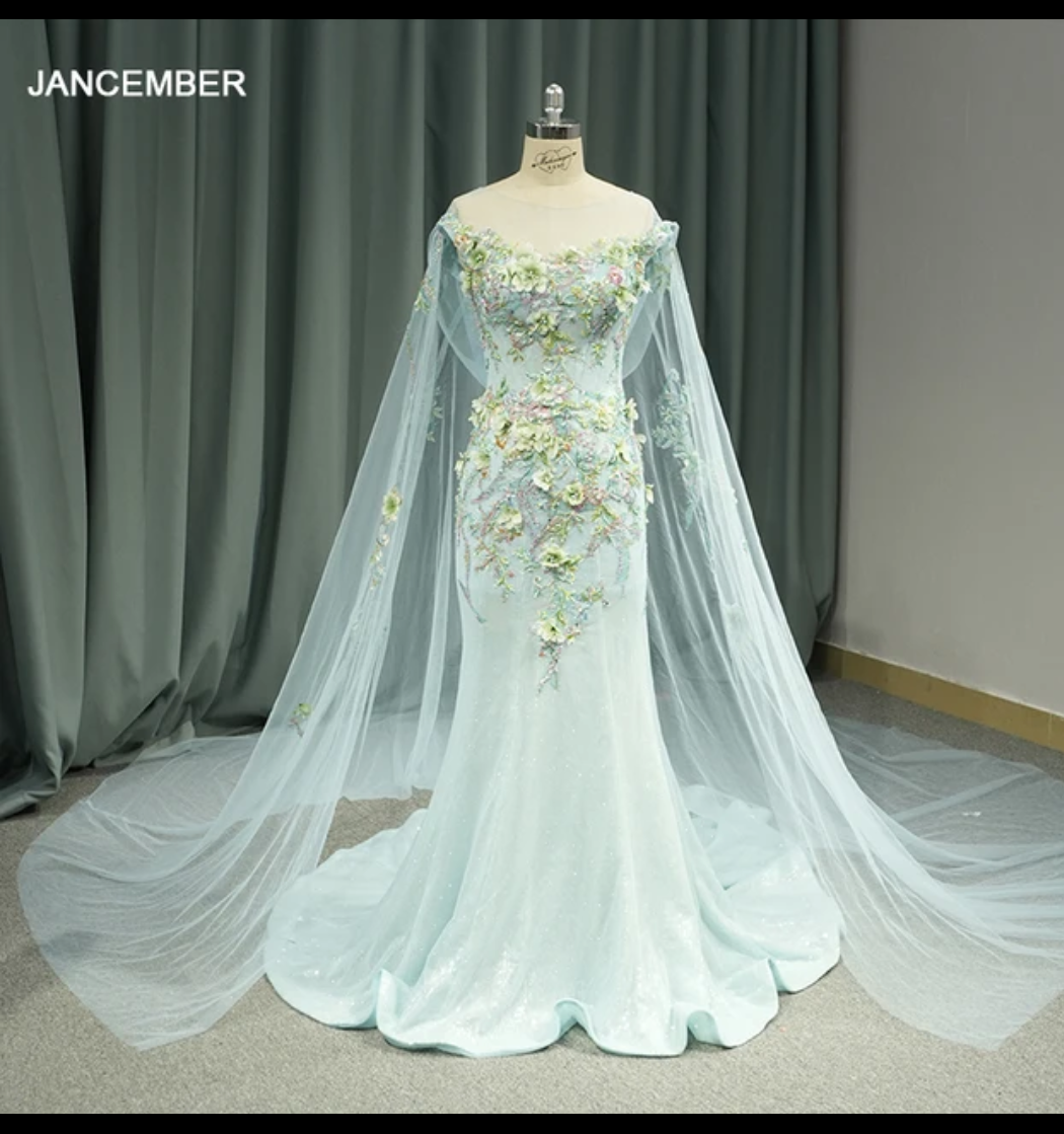 Jancember Melody, Mermaid Sweetheart Off-Shoulder Evening Party Gown With Appliques Tulle Shawl