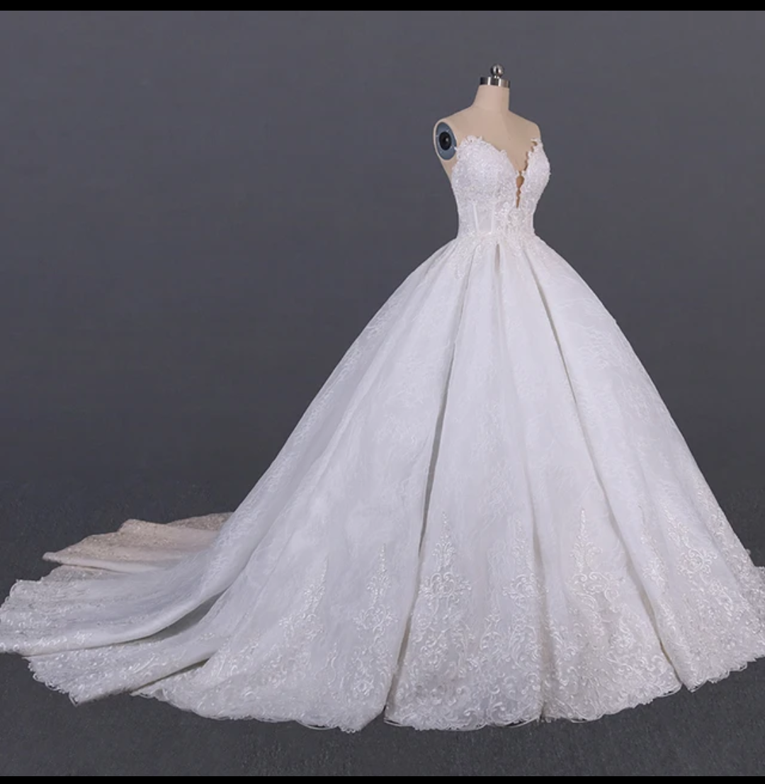 Jancember Ballad, Luxury V-Neckline Ball Gown Wedding Dress Stunning Lace Of Chapel Train Wedding Gown