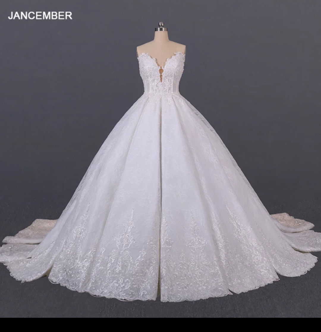 Jancember  Ballad, Luxury V-Neckline Ball Gown Wedding Dress Stunning Lace Of Chapel Train Wedding Gown