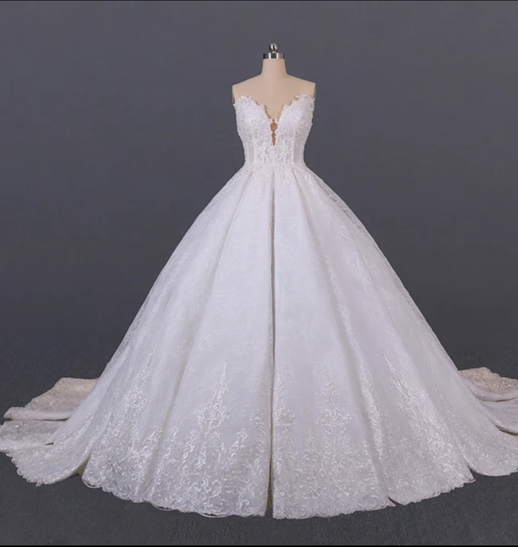 Jancember  Ballad, Luxury V-Neckline Ball Gown Wedding Dress Stunning Lace Of Chapel Train Wedding Gown