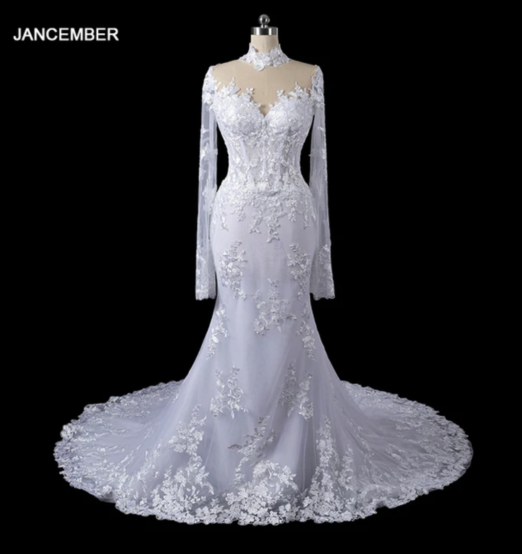 Jancember Rose, Actual Picture Lace Mermaid Wedding Dress For Women V Neck Long Sleeve Floral Backless Bridal Gown 2024